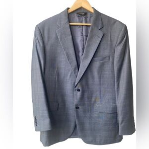 JoS A Banks Suit Blazer Coat Blue Windowpane Plaid Wool Silk Blend Size 44R